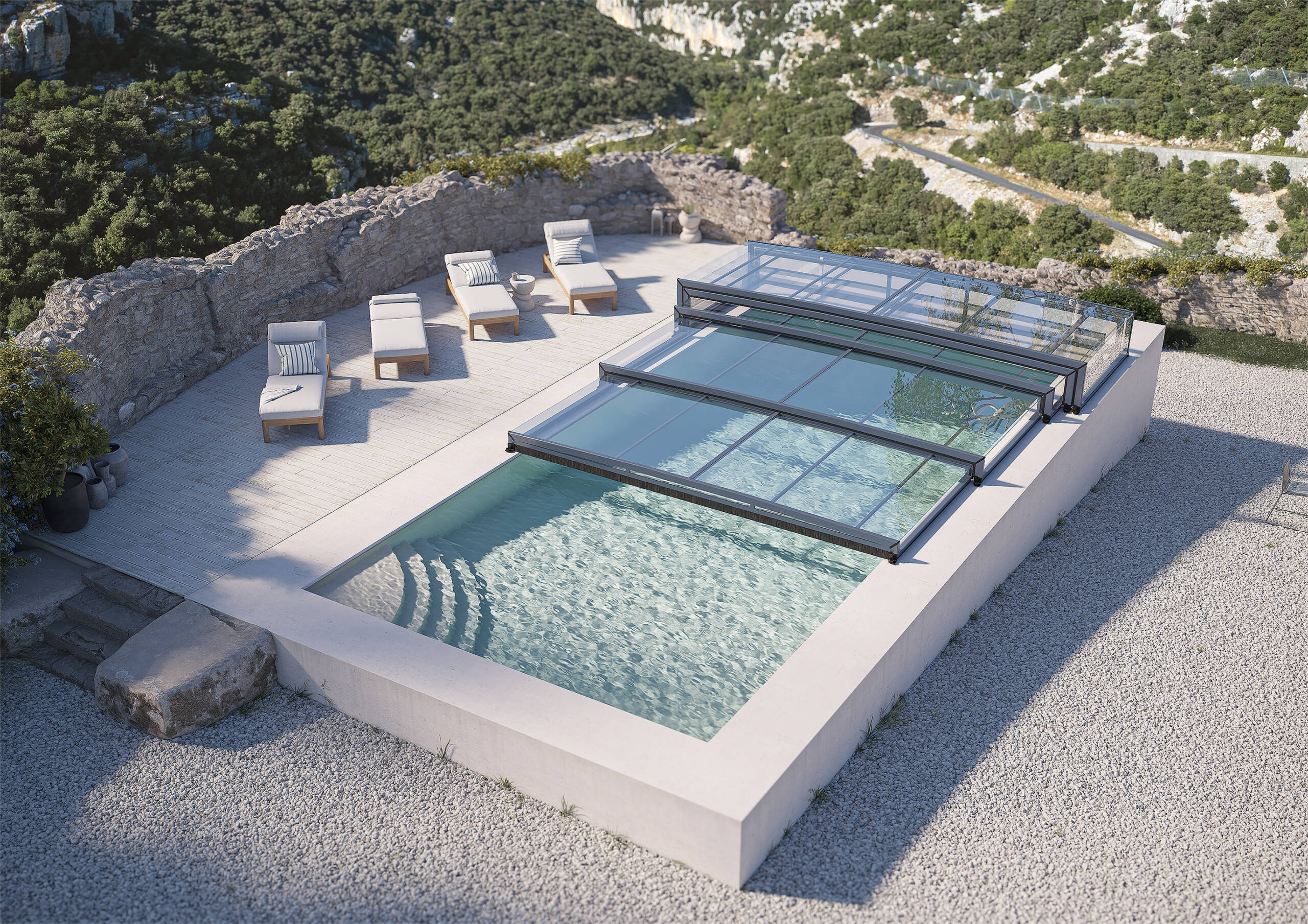 Piscine rectangulaire avec abri télescopique bas en aluminium et verre