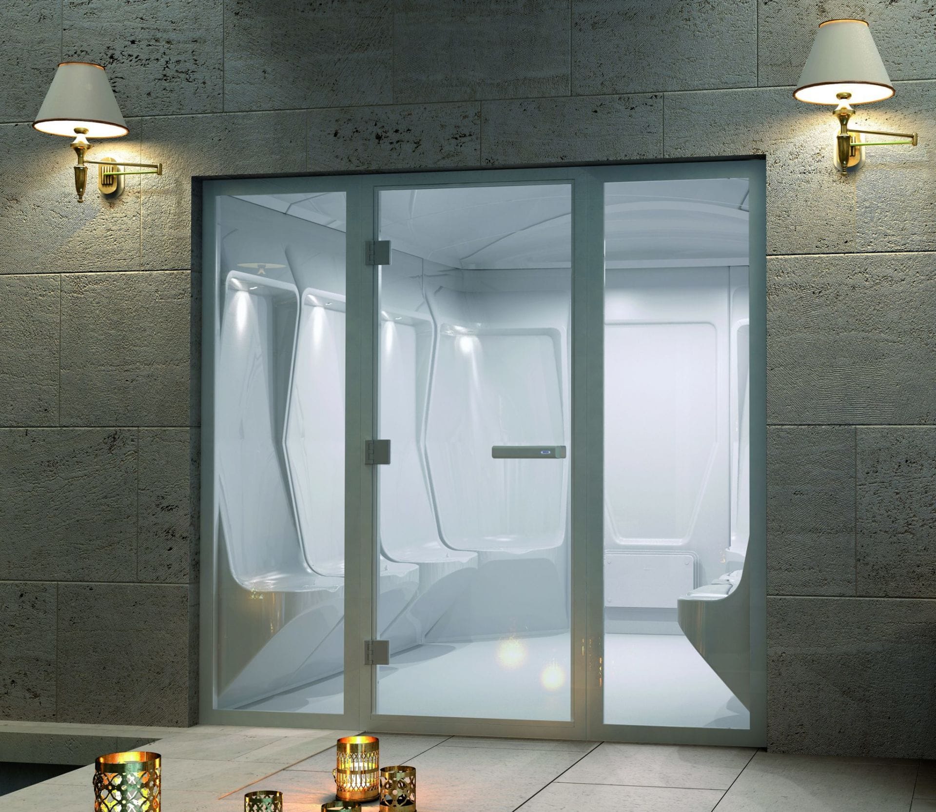 Cabine hammam blanche ergonomique avec façade vitrée et ambiance spa